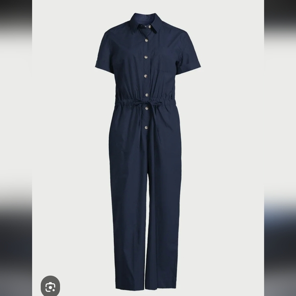 Free Assembly Wide Leg Utility Jumpsuit Navy Size Small Elastic Waist Drawstring - Picture 1 of 11